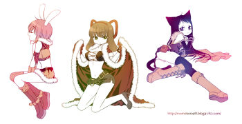 3girls alchemist_(ragnarok_online) animal_ears ass black_bra black_gloves black_hair black_shoes black_shorts black_thighhighs boots bra breasts brown_boots brown_hair brown_shirt cat_ears cat_girl cat_tail chinese_commentary cleavage closed_eyes closed_mouth coat colored_skin commentary_request crop_top dress ee0418 elbow_gloves expressionless full_body fur-trimmed_coat fur-trimmed_shirt fur-trimmed_shorts fur_trim gloves green_eyes hair_ribbon hairband high_heels highres large_breasts long_hair looking_at_viewer medium_breasts multiple_girls navel open_clothes open_coat panties pink_hair rabbit_ears rabbit_girl ragnarok_online red_coat red_hairband red_ribbon ribbon rogue_(ragnarok_online) shirt shoes short_dress short_hair short_shorts shorts simple_background sleeveless sleeveless_shirt sniper_(ragnarok_online) tail thighhighs underwear watermark web_address white_background white_panties white_skin