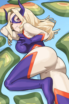 1girl ass blonde_hair blue_background bodysuit boku_no_hero_academia breasts bright_pupils commentary domino_mask drill_hair drill_sidelocks elbow_gloves english_commentary eye_mask fake_horns gloves highres horns large_breasts light_blush long_hair looking_at_viewer lying mask melochron mount_lady multicolored_bodysuit on_side open_mouth pink_eyes purple_bodysuit purple_gloves purple_horns sidelocks smile superhero_costume white_bodysuit white_pupils