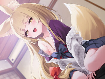 1girl absurdres animal_ears blonde_hair blunt_bangs blush fangs flat_chest fox_ears fox_tail fummy highres indoors japanese_clothes kimono kitsune loli long_hair looking_at_viewer nipples off_shoulder open_mouth original short_eyebrows smile solo tail yellow_eyes