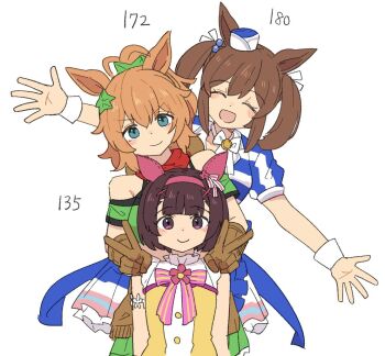 3girls animal_ears ascot bandana bandana_around_neck bandeau bare_shoulders blue_dress blue_eyes blunt_bangs blush bow brown_gloves brown_hair closed_eyes closed_mouth commentary_request cowboy_hat double_v dress ear_bow ear_covers ear_ornament ear_scrunchie german_clothes gloves green_bandeau green_skirt hair_between_eyes hair_ornament hairband hat hat_on_back height_chart hishi_akebono_(buono_alla_moda)_(umamusume) hishi_akebono_(umamusume) horse_ears horse_girl long_hair looking_at_viewer mini_hat multiple_girls nishino_flower_(tiered_petal)_(umamusume) nishino_flower_(umamusume) open_mouth pillbox_hat pink_ascot pink_hairband ponytail puffy_sleeves purple_eyes red_bandana shirt short_hair short_sleeves simple_background skirt sleeveless sleeveless_dress smile star_(symbol) star_hair_ornament striped_clothes striped_dress taiki_shuttle_(umamusume) taiki_shuttle_(wild_frontier)_(umamusume) tilted_headwear twintails umamusume umayoude_su v white_background white_dress wrist_cuffs x_hair_ornament yellow_dress