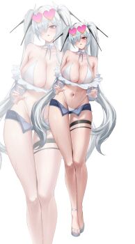 1girl absurdres ankle_strap bikini bikini_pull bikini_under_clothes bow bowtie breasts choker cinderella_(nikke) clothes_pull denim denim_shorts eyewear_on_head frills full_body goddess_of_victory:_nikke grey_hair hair_over_one_eye headgear heart heart-shaped_eyewear highres large_breasts long_hair long_sleeves looking_at_viewer micro_shorts nevin_(flyskying) off-shoulder_shirt off_shoulder open_clothes open_mouth open_shorts red_eyes shirt shoes shorts solo standing sweat swimsuit thigh_strap twintails very_long_hair white_background white_bikini white_bow white_bowtie white_choker white_shirt white_shoes zoom_layer