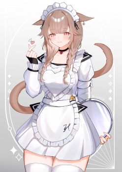 1girl :3 absurdres animal_ears apron braid brown_hair cat_ears cat_girl cat_tail choker commentary_request dress earrings final_fantasy final_fantasy_xiv finger_heart heart heart_apron heart_choker highres holding holding_tray jewelry looking_at_viewer maid maid_headdress miqo'te moiti110 pocket_watch red_eyes ring single_earring solo tail thighhighs tray twin_braids twitter_username warrior_of_light_(ff14) watch white_dress white_thighhighs