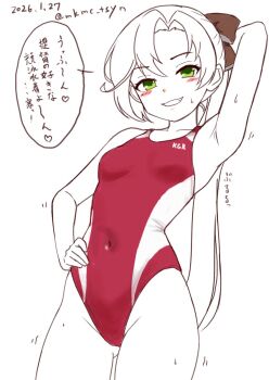 1girl akigumo_(kancolle) breasts commentary_request competition_swimsuit covered_navel dated green_eyes grin hand_in_pocket hand_on_own_hip highres kantai_collection lineart long_hair one-piece_swimsuit ponytail red_one-piece_swimsuit small_breasts smile solo spot_color swimsuit tasogare_yanio translation_request twitter_username