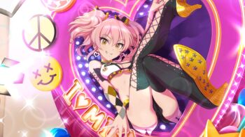 10s 1girl artist_request black_boots black_thighhighs boots breasts cleavage earrings eyelashes female_focus grin highres idolmaster idolmaster_cinderella_girls idolmaster_cinderella_girls_starlight_stage jewelry jougasaki_mika lace-up_boots long_legs lying midriff no_socks official_art pink_hair reference_work small_breasts smile solo thigh_boots thighhighs tsurime twintails yellow_eyes