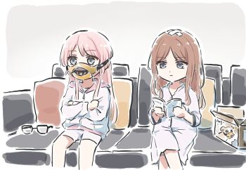2girls bandaid bandaid_on_head bang_dream! bang_dream!_it&#039;s_mygo!!!!! box brown_hair chihaya_anon closed_mouth commentary crossed_arms glasses grey_eyes highres jacket long_hair lyy multiple_girls muzzle_(mask) nagasaki_soyo pajamas pink_hair shorts sitting symbol-only_commentary unworn_eyewear white_jacket white_shorts