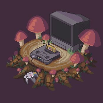 animated animated_gif artist_name cable controller crt game_cartridge game_console game_controller isometric mushroom nintendo nintendo_64 nintendo_64_controller no_humans pixel_art pixel_jess simple_background static still_life television the_legend_of_zelda the_legend_of_zelda:_ocarina_of_time tree_stump