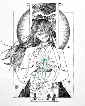 1boy absurdres black_hair blue_eyes chinese_clothes closed_eyes crying disembodied_eye hanfu high_ponytail highres hong_lu_(project_moon) limbus_company long_hair long_sleeves looking_at_viewer male_focus may.l open_mouth partially_colored ponytail project_moon simple_background solo tian_tian_(mili) upper_body white_background white_hanfu