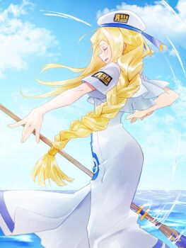 1girl akira_(tete-akira) alicia_florence aria_(manga) aria_company_uniform beret blonde_hair blue_ribbon blue_sky blush braid braided_ponytail closed_eyes cloud cloudy_sky commentary_request day dress feet_out_of_frame gold_trim hat hat_ribbon highres holding holding_oar impossible_clothes impossible_dress long_hair motion_lines oar ocean open_mouth outdoors ribbon sailor_collar short_sleeves side_slit sidelocks sky solo very_long_hair water white_dress white_sailor_collar