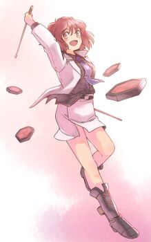 1girl arm_up belt black_belt black_shirt black_shoes blue_necktie collared_shirt commentary_request drum drum_set drumsticks full_body grid_print hand_up holding holding_drumsticks horikawa_raiko instrument jacket knees long_sleeves necktie one-hour_drawing_challenge orange_background rangycrow red_eyes red_hair shirt shoes sideways_glance skirt solo touhou white_jacket white_skirt