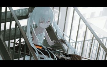 1girl android commentary commission dress enden_nix english_commentary exposed_internal_machinery fog highres injury letterboxed original purple_eyes railing scratches sitting soldering soldering_iron solo stairs twintails weapon white_dress white_hair wire