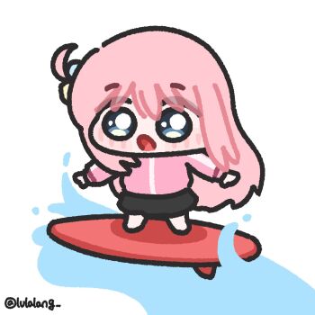 Rule 34 | 1girl, black skirt, blue eyes, bocchi the rock!, chibi, chibi only, full body, gotoh hitori, highres, jacket, long hair, looking at viewer, lulalang, one side up, open mouth, pink hair, pink jacket, skirt, solo, standing, surfboard, surfing, water, white background