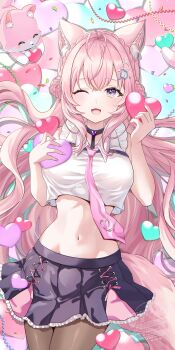 Rule 34 | 1girl, absurdres, animal ears, antenna hair, bare shoulders, blush, braid, braided bun, breasts, brown pantyhose, collared shirt, commentary request, confetti, crown braid, double bun, fang, fingernails, frilled shirt, frills, hair bun, hair intakes, hair ribbon, hakui koyori, hakui koyori (1st costume), heart, highres, holding, holding heart, hololive, kokoro (hakui koyori), kudoukudokudo, large breasts, long hair, midriff, nail polish, navel, necktie, one eye closed, open mouth, pantyhose, pink eyes, pink hair, pink nails, pink necktie, pink skirt, pink tail, pleated skirt, purple skirt, red ribbon, ribbon, shirt, skirt, sleeveless, sleeveless shirt, smile, stomach, tail, thighs, tie clip, virtual youtuber, white shirt, wolf ears, wolf girl, wolf tail