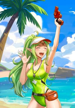 1girl absurdres ahoge arm_up armpits bare_shoulders beach bikini_boody bird blue_sky blush breasts circlet closed_eyes cloud collarbone commentary commission covered_navel english_commentary fanny_pack fire_emblem fire_emblem_awakening flare_gun green_hair gun highres holding holding_gun holding_weapon lifeguard long_hair medium_breasts nintendo nowi_(fire_emblem) ocean open_mouth palm_tree pointy_ears ponytail purple_eyes rock sky smile solo teeth tree upper_teeth_only visor_cap water waving weapon whistle whistle_around_neck