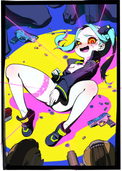 1girl 4boys artificial_eye breasts colored_sclera colored_skin covering_crotch covering_privates cyberpunk_(series) cyberpunk:_edgerunners fang green_hair highres jacket laser laser_pointer laser_pointer_projection loli long_hair looking_at_viewer mechanical_eye multiple_boys open_mouth ouer_moyu rebecca_(cyberpunk) red_sclera skin_fang small_breasts smile spread_legs tattoo twintails