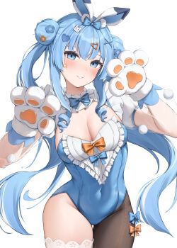 Rule 34 | 1girl, absurdres, animal ears, animal hands, arahashi tabi, asymmetrical legwear, blue bow, blue bowtie, blue eyes, blue hair, blue leotard, blush, bow, bowtie, breasts, cleavage, commentary, covered navel, double bun, drill hair, drill sidelocks, fake animal ears, frilled leotard, frills, gloves, groin, hair bow, hair bun, hair ornament, hairclip, hands up, head tilt, heart, heart hair ornament, highres, leotard, long hair, looking at viewer, medium breasts, mismatched legwear, orange bow, parted lips, paw gloves, paw pose, playboy bunny, pom pom (clothes), rabbit ears, shiriaru (jjonaeng), sidelocks, single hiphigh, smile, solo, standing, stellive, thighs, twin drills, twintails, very long hair, virtual youtuber, x hair ornament