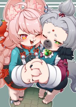 2girls absurdres animal_ear_fluff animal_ear_piercing animal_ears animal_feet animal_hands barefoot black_dress blue_shirt braid cairn_(zenless_zone_zero) closed_mouth commentary_request dog_ears dog_girl dog_tail dress furry furry_female green_eyes grey_hair hair_ornament highres interlocked_fingers long_hair long_sleeves looking_at_viewer mole mole_under_mouth multiple_girls notama one_eye_closed open_mouth pinafore_dress pink_fur pink_hair red_eyes shirt short_hair sleeveless sleeveless_dress sphere_hair_ornament tail thick_eyebrows topknot twin_braids very_long_hair zenless_zone_zero zhao_(zenless_zone_zero)