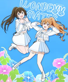 2girls :d absurdres blue_background blue_eyes blush boots brown_hair collarbone commentary_request cropped_jacket double_shaka_sign double_v flower full_body heart heart_o-ring highres jacket konoe_kanata long_hair long_sleeves looking_at_viewer love_live! love_live!_nijigasaki_high_school_idol_club morning_glory multiple_girls o-ring o-ring_thigh_strap official_alternate_costume open_clothes open_jacket open_mouth osaka_shizuku ponytail purple_eyes shaka_sign skirt smile song_name teeth thigh_strap twitter_username upper_teeth_only v white_boots white_jacket white_skirt wondermates_(love_live!) yumechiku