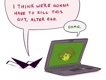 alt_text alter_ego_(danganronpa) brown_hair commentary computer crossover danganronpa_(series) danganronpa_2:_goodbye_despair english_commentary english_text homestuck i_think_we&#039;re_gonna_have_to_kill_this_guy_steven_(meme) laptop lil_hal meme pancakemolybdenum_(lovisa) short_hair simple_background speech_bubble sunglasses trait_connection triangular_eyewear unworn_eyewear white_background