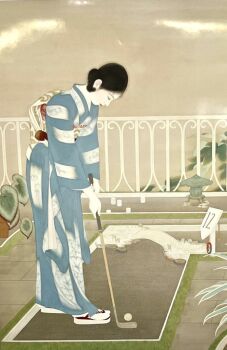 1girl black_hair golf golf_club japanese_clothes leaf niwa_akiko obi sash