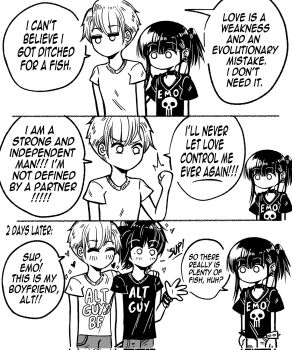 Rule 34 | 1girl, 2boys, 3koma, alt-guy (grs-), bracelet, choker, clothes writing, comic, commentary, corrupted twitter file, earrings, emo-girl (grs-), emo fashion, english commentary, english text, greyscale, grs-, happy, heart, highres, jewelry, long hair, medium hair, monochrome, multiple boys, necklace, no mouth, original, ponytail, print shirt, shirt, short ponytail, short sleeves, side ponytail, simple background, speech bubble, spiked bracelet, spikes, t-shirt, white background, yaoi