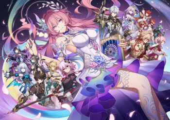 Rule 34 | 4boys, 6+girls, aglaea (honkai: star rail), anaxa (honkai: star rail), armlet, as i've written (honkai: star rail), bare shoulders, blue flower, blue rose, book, breasts, castorice (honkai: star rail), cerydra (honkai: star rail), chrysos heirs (honkai: star rail), cipher (honkai: star rail), commentary, cyrene (honkai: star rail), cyrene (ripples of past reverie) (honkai: star rail), dan heng (honkai: star rail), dan heng (permansor terrae) (honkai: star rail), dress, english commentary, evernight (honkai: star rail), flower, hair flower, hair ornament, halo, halo behind head, holding, holding book, holding quill, honkai: star rail, honkai (series), hyacine (honkai: star rail), hysilens (honkai: star rail), jewelry, kiyo (chaoschyan), large breasts, long hair, looking at viewer, march 7th (honkai: star rail), multiple boys, multiple girls, mydei (honkai: star rail), parted lips, phainon (honkai: star rail), pink hair, pink petals, purple eyes, quill, rose, smile, trianne (honkai: star rail), tribbie (honkai: star rail), trinnon (honkai: star rail), very long hair, white dress