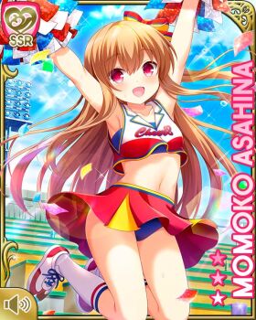 Rule 34 | 1girl, :d, armpits, arms up, asahina momoko, bow, brown hair, card (medium), character name, cheering, cheerleader, collarbone, day, girlfriend (kari), hair bow, hair ribbon, jumping, midriff, navel, official art, one side up, open mouth, outdoors, pleated skirt, pom pom (cheerleading), qp:flapper, red bow, red eyes, red shirt, red skirt, ribbon, school uniform, shirt, side ponytail, skirt, smile, solo, white legwear