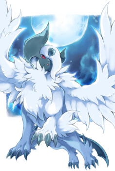:o absol absurdres animal_focus bright_pupils claws cloud commentary_request feathered_wings gen_3_pokemon highres horns looking_at_viewer mega_absol mega_pokemon moon nintendo no_humans ohayou_milk open_mouth pokemon pokemon_(creature) red_eyes solo white_pupils wings