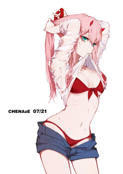 bikini chenaze57 darling_in_the_franxx green_eyes hair_between_eyes highres holding holding_own_hair horns navel pink_hair red_bikini red_horns shirt short_shorts shorts swimsuit water_drop wet wet_clothes wet_shirt zero_two_(darling_in_the_franxx)
