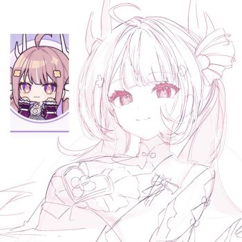 1girl ahoge antlers bad_tag bow choker commentary concept_art dragon_horns dress english_commentary flower frilled_dress frills gradient_eyes hair_bow hair_flower hair_ornament honkai_(series) honkai_impact_3rd horns kagefumi kemonomimi_(ambiguous) large_eyes lineart long_hair looking_at_viewer monochrome multicolored_eyes off_shoulder pastel_colors pink_eyes pink_hair portrait puffy_sleeves sketch smile soft_colors solo sparkling_eyes twintails unfinished upper_body white_background youyun_(honkai_impact)