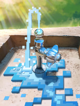 absurdres blurry day depth_of_field faucet highres light_rays no_humans original outdoors pixel_art reflection sink smile_(qd4nsvik) still_life sunbeam sunlight water
