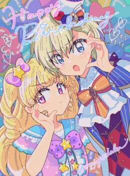 1boy 1girl ascot balloon blonde_hair blue_eyes bow brother_and_sister closed_mouth hair_bow hand_up happy_birthday hat highres idol_time_pripara long_hair long_sleeves looking_at_viewer mini_hat mini_top_hat neck_ribbon open_mouth pink_shirt pretty_series pripara purple_eyes ribbon ringlets shirt short_hair siblings star_(symbol) top_hat two_side_up upper_body white_ascot white_hat yodaka_(majiyodaka) yumekawa_shogo yumekawa_yui
