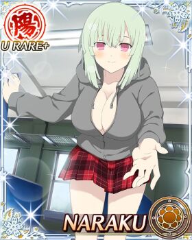 1girl bob_cut border breasts card_(medium) chair character_name cleavage closed_mouth game_cg green_hair grey_hoodie hand_on_chair hood hoodie large_breasts leaning_forward light_blush looking_at_viewer medium_hair naraku_(senran_kagura) no_bra official_art partially_unzipped pink_eyes plaid_clothes plaid_skirt reaching reaching_towards_viewer red_skirt senran_kagura senran_kagura_new_wave skirt smile solo third-party_source train_interior