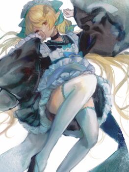 apron black_dress black_kimono blonde_hair dress furisode_sleeves hair_ornament hairclip hashtag-only_commentary highres japanese_clothes kimono lace-trimmed_sleeves lace_trim lolita_fashion long_hair looking_at_viewer maid maid_apron maid_headdress nijisanji nijisanji_en petticoat pointy_ears pomu_rainpuff pomu_rainpuff_(2nd_costume) red_eyes simple_background thighhighs twintails virtual_youtuber wa_maid white_background white_thighhighs xiaomiao_zzz zettai_ryouiki