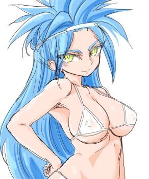 1girl bikini blue_hair breasts chrono_trigger cleavage closed_mouth earrings green_eyes jewelry large_breasts long_hair looking_at_viewer queen_zeal s-a-murai simple_background single_earring smile solo swimsuit white_background white_bikini