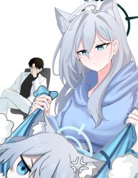 Rule 34 | 1boy, 2girls, ahoge, alternate costume, animal ear fluff, animal ears, black hair, blue archive, blue eyes, blue scarf, blue sweater, chair, commentary request, covering face, crossed legs, disappointed, dual persona, extra ears, grey hair, hair between eyes, halo, highres, holding, holding clothes, holding scarf, hood, hooded sweater, long hair, long sleeves, looking at another, medium hair, mismatched pupils, multiple girls, office chair, scarf, sensei (blue archive), shiroko (blue archive), shiroko terror (blue archive), sidelocks, simple background, sitting, skyrain315, sweatdrop, sweater, swivel chair, white background, wolf ears, wolf girl