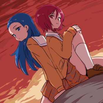 2girls back-to-back blue_eyes blue_hair brown_jacket brown_shoes brown_skirt commentary from_side futari_wa_precure_splash_star hair_between_eyes hands_on_own_knee highres jacket kiryuu_kaoru kiryuu_michiru knee_up loafers long_hair looking_at_viewer looking_to_the_side multiple_girls parted_lips plaid_clothes plaid_skirt pleated_skirt precure red_eyes red_hair red_sky sailor_collar school_uniform shoes short_hair siblings sisters sitting skirt sky smile socks sun sunset uraki white_sailor_collar white_socks yuunagi_middle_school_uniform