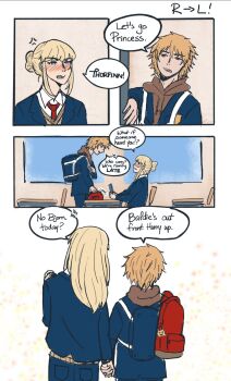 Rule 34 | !?, 2boys, backpack, bag, blonde hair, blue eyes, blush, brown eyes, canute, chair, character name, contemporary, desk, embarrassed, english text, eyebrows hidden by hair, eyelashes, facial scar, hair between eyes, height difference, highres, holding hands, hood, hoodie, indoors, looking at another, looking down, looking up, male focus, multiple boys, necktie, panels, pokady, profile, scar, scar on cheek, scar on face, school desk, school uniform, shirt, sidelocks, sitting, speech bubble, standing, teeth, thorfinn, upper teeth only, vest, vinland saga, white shirt, window, wing collar, yaoi