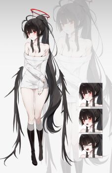 Rule 34 | 1girl, absurdres, black boots, black hair, black wings, blood, blood halo, blue archive, blush, boots, breasts, cleavage, closed mouth, commentary, halo, highres, kneehighs, large breasts, liquid halo, long hair, multiple expressions, off shoulder, open mouth, parted lips, ponytail, red eyes, red halo, sharp teeth, smile, socks, solo, soyfish l, sweatdrop, sweater, untranslatable commentary, teeth, tsurugi (blue archive), very long hair, wavy mouth, white socks, white sweater, wings