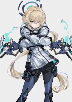 1girl absurdres blonde_hair blue_archive blue_bodysuit blue_eyes blue_hair blue_halo bodysuit commentary_request crossed_arms gradient_halo gun hair_between_eyes halo handgun highres jacket kazukingu looking_at_viewer multicolored_hair multicolored_halo ponytail pouch reloading solo streaked_hair thigh_pouch toki_(armed)_(blue_archive) toki_(blue_archive) weapon white_jacket