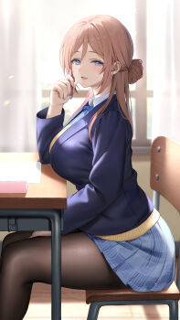 1girl absurdres black_pantyhose blue_eyes blue_jacket blue_ribbon blue_skirt blush breasts brown_hair chair classroom commentary_request curtains from_side gakuen_idolmaster hair_bun hatsuboshi_gakuen_school_uniform hibimaru highres himesaki_rinami holding holding_pen idolmaster indoors jacket large_breasts light_particles long_hair long_sleeves looking_at_viewer miniskirt on_chair open_mouth pantyhose paper pen pleated_skirt ribbon school_uniform single_side_bun sitting skirt smile solo sweater_vest yellow_sweater_vest