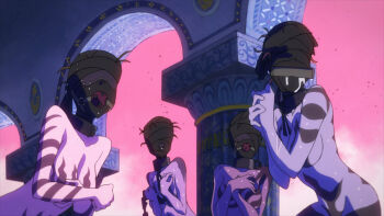 4girls anime_screenshot ball_gag bdsm bit_gag blindfold blue_hair bondage bound breasts collar drooling flip_flappers gag gimp_mask highres mask medium_breasts multiple_girls non-web_source nude orange_hair saliva temple wet