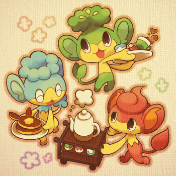 brown_eyes butter cart closed_eyes closed_mouth coffee coffee_mug commentary_request cup food gen_5_pokemon holding monkey mug n:go nintendo no_humans open_mouth pancake panpour pansage pansear plate pokemon pokemon_(creature) smile teapot