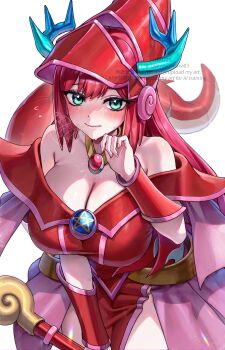 1girl absurdres bare_shoulders blush breasts cleavage closed_mouth commentary_request commission cosplay dark_magician_girl dark_magician_girl_(cosplay) dragon_girl dragon_horns dragon_tail dress duel_monster flying_sweatdrops green_eyes hat highres holding holding_staff horns kitchen_dragonmaid large_breasts long_hair looking_at_viewer red_dress red_hair red_hat simple_background skeb_commission solo staff star_(symbol) sweat tail very_long_hair watermark white_background yayoi_maka yu-gi-oh!