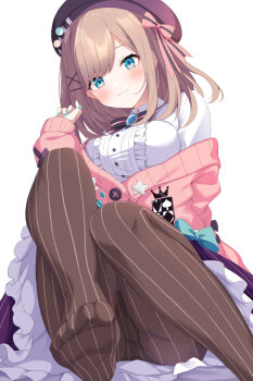 1girl :3 aqua_eyes aqua_nails beret blue_eyes blush breasts brown_pantyhose cardigan center_frills commentary_request feet frills hair_ornament hat hat_pin highres kurono_yuzuko large_breasts looking_at_viewer nijisanji no_shoes paid_reward_available panties panties_under_pantyhose pantyhose pink_cardigan pinstripe_pantyhose simple_background skirt striped_clothes striped_pantyhose striped_skirt suzuhara_lulu suzuhara_lulu_(1st_costume) underwear vertical-striped_clothes vertical-striped_pantyhose vertical-striped_skirt virtual_youtuber white_background x_hair_ornament