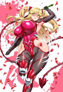 1girl arm_guards arm_up armpits blonde_hair blush bodysuit bouncing_breasts breasts covered_erect_nipples fishnets flower glasses gloves green_eyes highres hozumi_kenji huge_breasts impossible_bodysuit impossible_clothes kosaka_shizuru long_hair looking_at_viewer red_bodysuit shiny_clothes shiny_skin solo taimanin_(series) taimanin_suit taimanin_yukikaze taimanin_yukikaze_2 twintails whip wide_hips