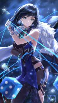 1girl aqua_eyes ass asymmetrical_gloves bare_shoulders bead_choker black_hair blue_background blue_gloves blue_hair bracelet breasts broken_glass chinese_commentary commentary_request cowboy_shot diagonal_bangs dice earrings fur-trimmed_jacket fur_trim genshin_impact glass gloves gradient_hair grin hand_up highres holding holding_string jacket jewelry large_breasts long_hair mismatched_gloves multicolored_hair parted_lips signature smile solo string teeth twitter_username vision_(genshin_impact) white_gloves whyte_srsn yelan_(genshin_impact)