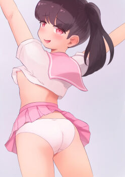 1girl ass black_hair blush cropped_shirt crotch_seam flat_chest from_behind grey_background kai_ooo1 loli long_hair looking_at_viewer looking_back miniskirt nipples open_mouth original panties pink_eyes pink_skirt ponytail school_uniform shirt short_sleeves side_ponytail skirt smile standing underwear white_panties white_shirt wind wind_lift