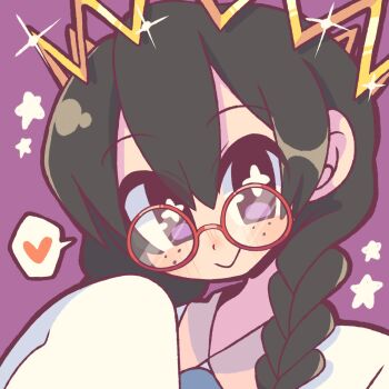 Rule 34 | 1girl, black hair, braid, crown, freckles, heart, highres, kirby (series), kirby 64, long hair, low twin braids, nintendo, purple background, purple eyes, ripple star queen, simple background, sleeves past fingers, sleeves past wrists, smile, sofo soup, sparkle, twin braids