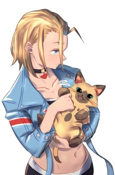 Rule 34 | 1girl, animal, baby animal, black choker, black pants, black sports bra, blonde hair, blue eyes, blue jacket, brown cat, cammy white, capcom, cat, choker, felyne, from above, highres, holding, holding animal, holding cat, jacket, kitten, leather, leather jacket, monster hunter (series), open mouth, pants, petting, quanero, sports bra, street fighter, street fighter 6, triangle necklace, upper body, whiskers, white background