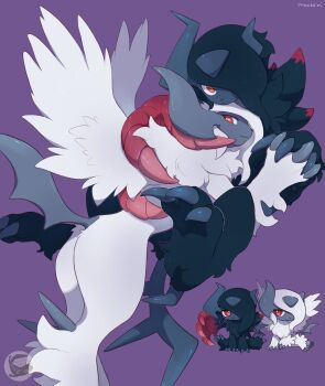 absol absurdres asymmetrical_horns black_fur body_fur claws commentary_request feathered_wings gen_3_pokemon hair_over_one_eye highres horns interlocked_fingers looking_at_viewer mega_absol mega_absol_z mega_pokemon mochiri_(mochiri_work) nintendo no_humans pokemon pokemon_(creature) pokemon_focus red_eyes red_wings single_wing uneven_horns white_fur wings